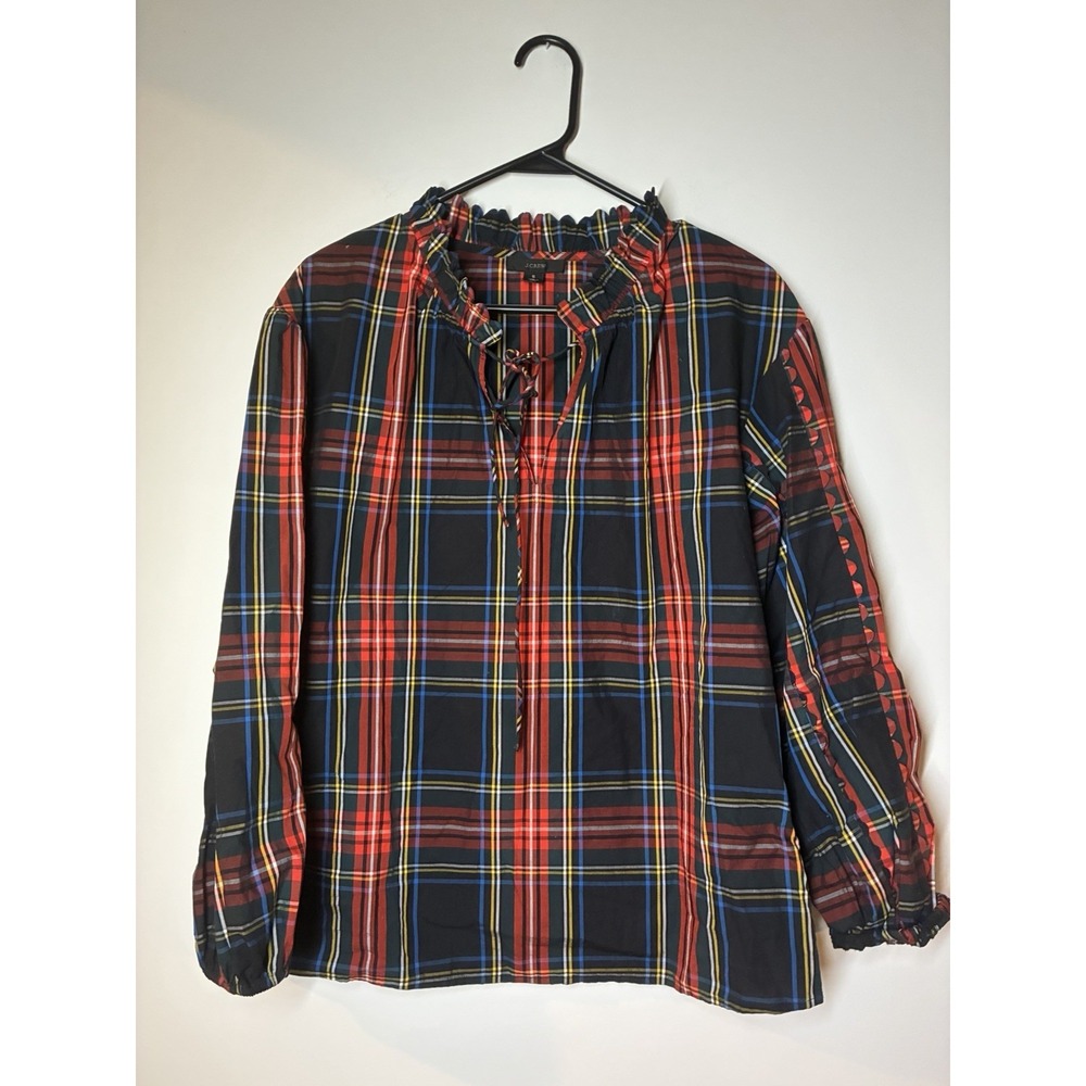 Women's J Crew Size S RARE Festive Stewart Plaid Scalloped Tie-Neck Tunic Top